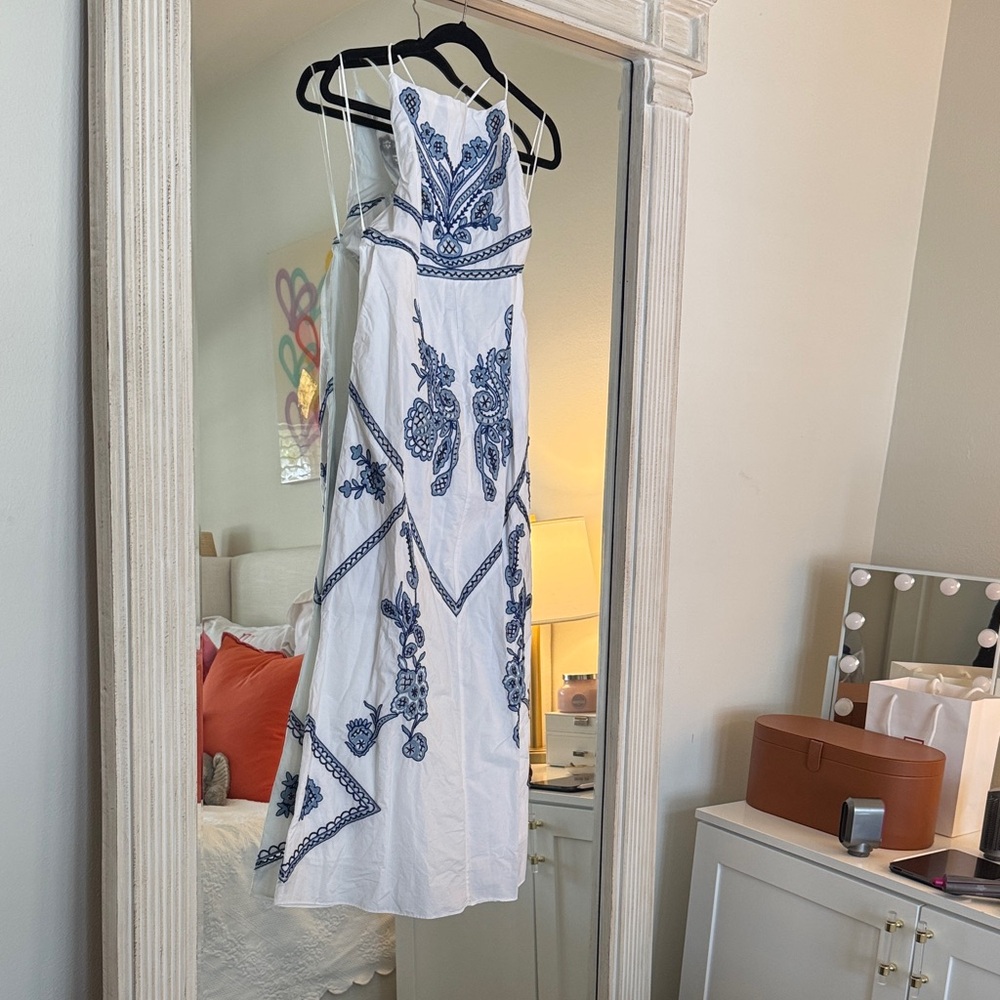 Zara Strappy White Dress with Blue Embroidery